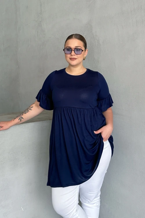 Büyük Beden Kol Detaylı Beli Lastikli Pileli Tunik T-shirt T42