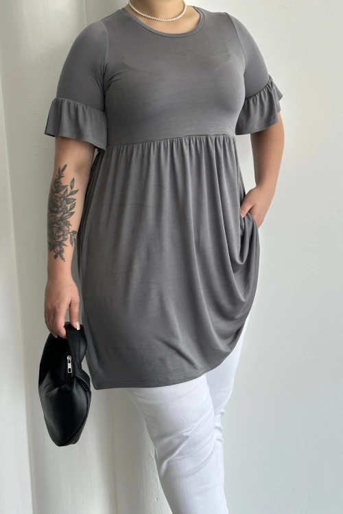 Büyük Beden Kol Detaylı Beli Lastikli Pileli Tunik T-shirt T43