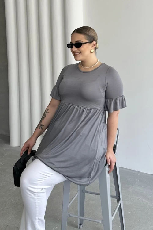 Büyük Beden Kol Detaylı Beli Lastikli Pileli Tunik T-shirt T43