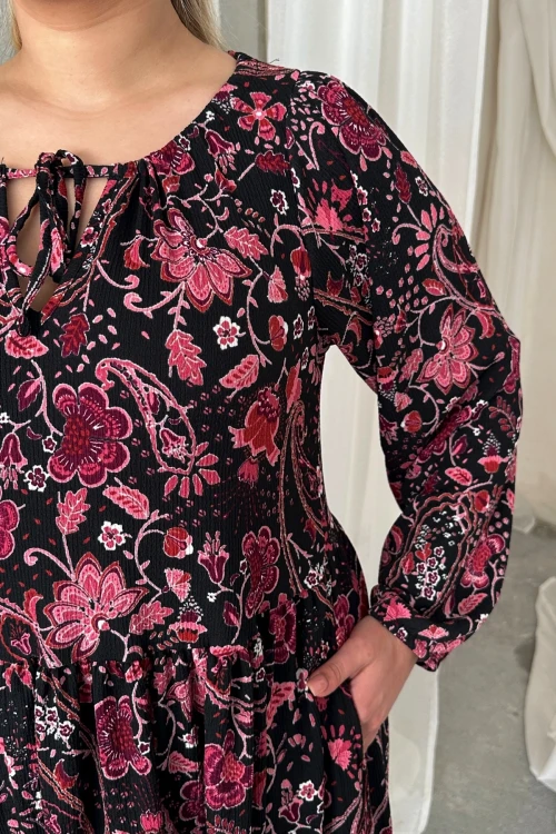 Büyük Beden Önü Bağlamalı Desenli Uzun Kollu Midi Elbise 615699