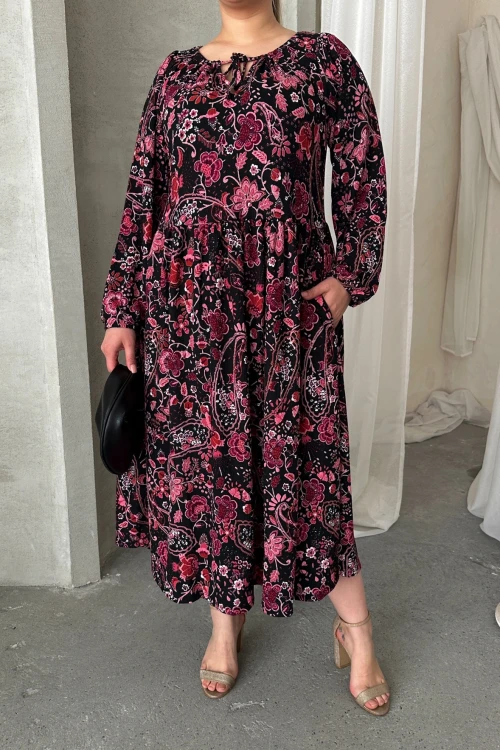 Büyük Beden Önü Bağlamalı Desenli Uzun Kollu Midi Elbise 615699