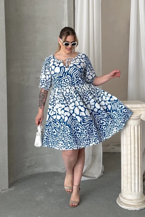 Büyük Beden Önü Bağlamalı Yarım Kollu Desenli Mini Elbise 101-9