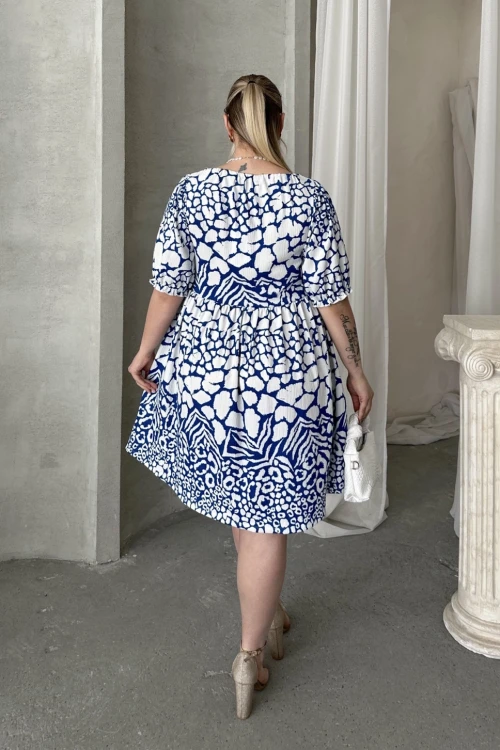 Büyük Beden Önü Bağlamalı Yarım Kollu Desenli Mini Elbise 101-9