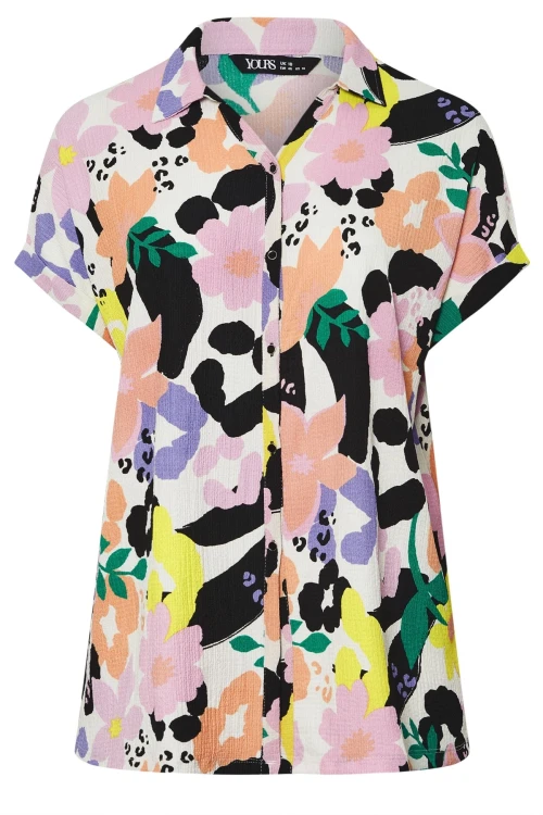 Büyük Beden Önü Düğmeli Kısa Kollu Çiçek Desenli Gömlek 304181