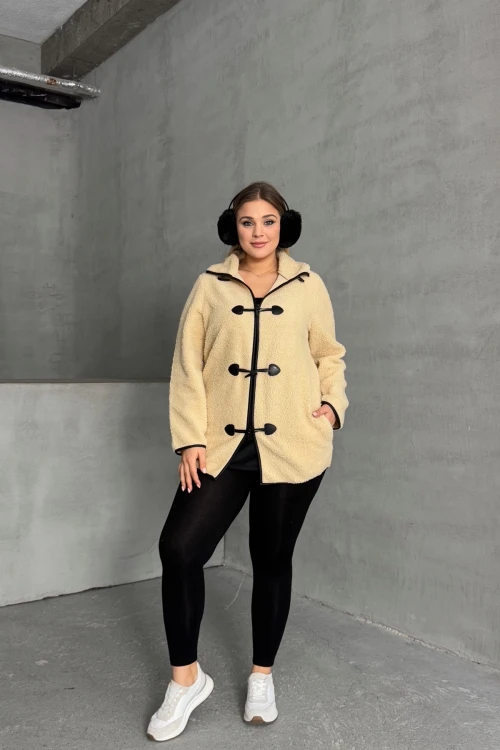 Büyük Beden Önü Kapamalı Cepli Uzun Kollu Peluş Mont 301815