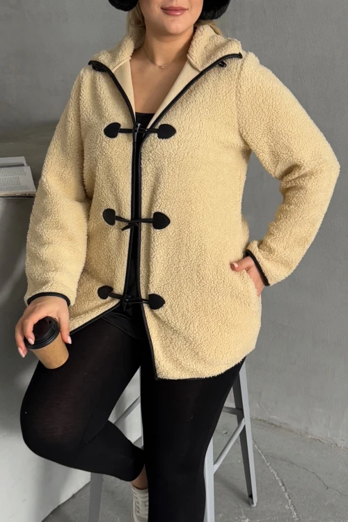 Büyük Beden Önü Kapamalı Cepli Uzun Kollu Peluş Mont 301815