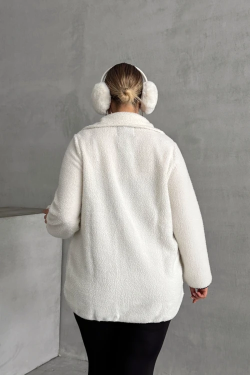 Büyük Beden Önü Kapamalı Cepli Uzun Kollu Peluş Mont 301816