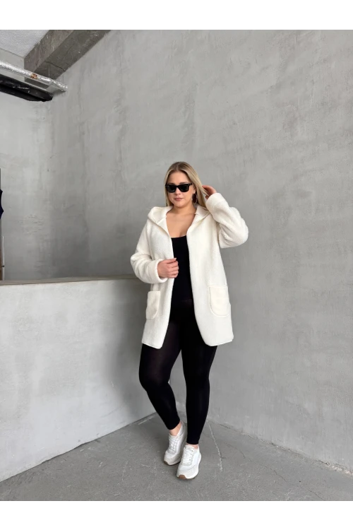 Büyük Beden Önü Kapamasız Cepli Kapüşonlu İnce Peluş Ceket 301256