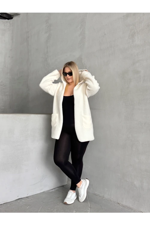 Büyük Beden Önü Kapamasız Cepli Kapüşonlu İnce Peluş Ceket 301256
