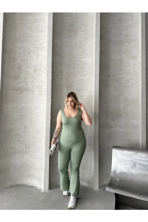 Büyük Beden Sıfır Kol İspanyol Paça Kapamasız Esnek Tulum 224983