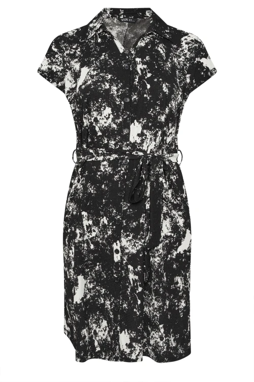 Büyük Beden Soyut Desenli Önü Düğmeli Kuşaklı Midi Boy Elbise 303330