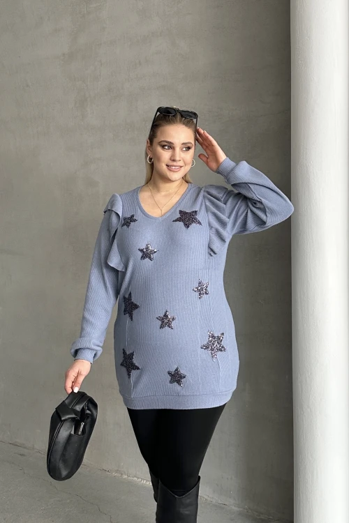 Büyük Beden Uzun Kolları Fırfırlı Yıldız Desen İşlemeli Bluz 301234