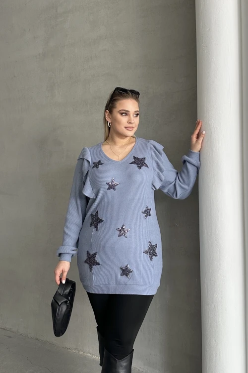 Büyük Beden Uzun Kolları Fırfırlı Yıldız Desen İşlemeli Bluz 301234