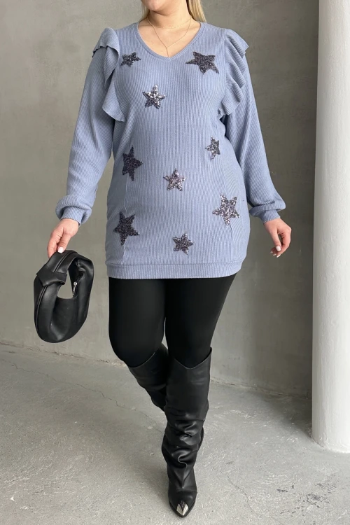 Büyük Beden Uzun Kolları Fırfırlı Yıldız Desen İşlemeli Bluz 301234