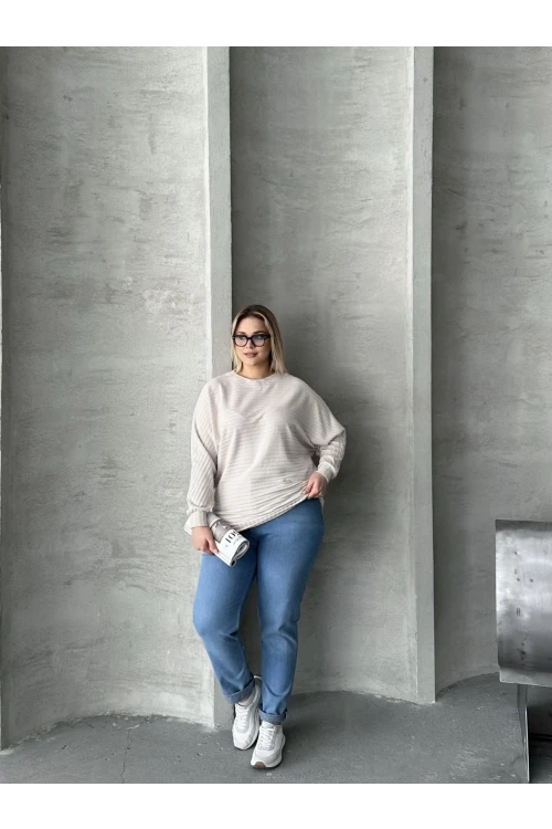 Büyük Beden Uzun Kollu Beli Lastikli Bisiklet Yaka Fitilli Kazak 615140