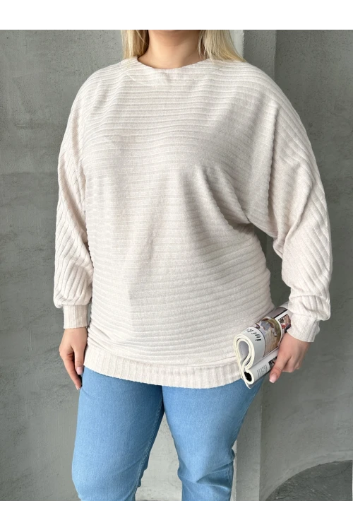 Büyük Beden Uzun Kollu Beli Lastikli Bisiklet Yaka Fitilli Kazak 615140