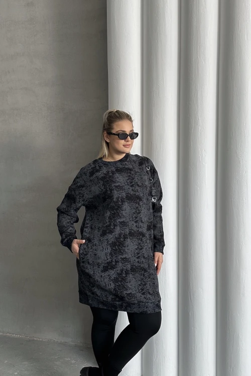 Büyük Beden Uzun Kollu Bisiklet Yaka Cepli Desenli Elbise 106-75