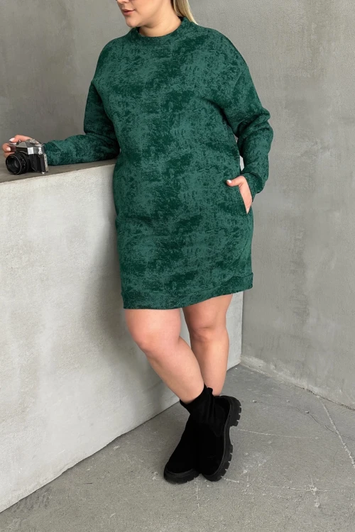 Büyük Beden Uzun Kollu Bisiklet Yaka Cepli Desenli Elbise 106-77