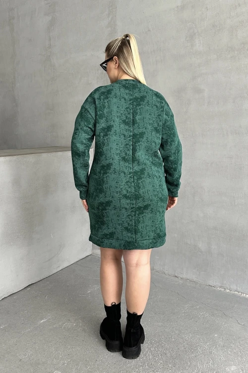 Büyük Beden Uzun Kollu Bisiklet Yaka Cepli Desenli Elbise 106-77