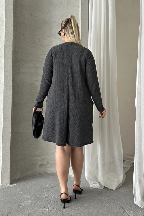 Büyük Beden Uzun Kollu Bisiklet Yaka Cepli Fitilli Elbise 304008