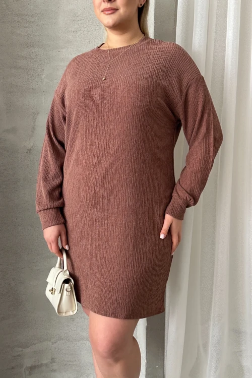 Büyük Beden Uzun Kollu Bisiklet Yaka Düz Kesim Elbise 100-189