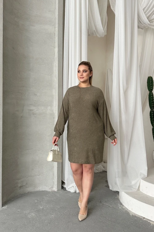 Büyük Beden Uzun Kollu Bisiklet Yaka Düz Kesim Elbise 100-190