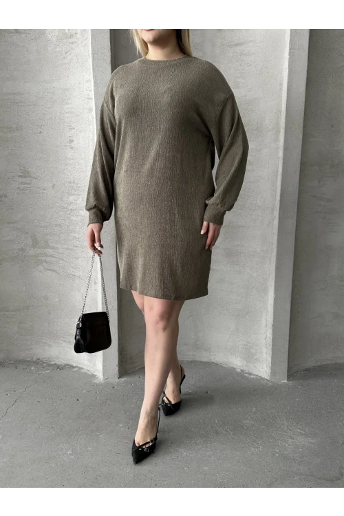 Büyük Beden Uzun Kollu Bisiklet Yaka Düz Kesim Elbise 106-97