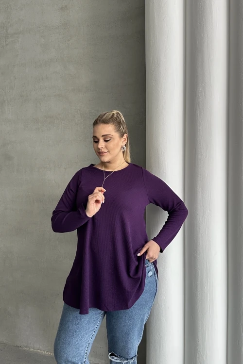 Büyük Beden Uzun Kollu Bisiklet Yaka Fitilli Bluz 100-123