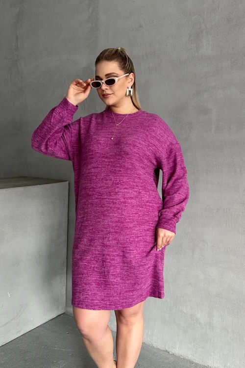 Büyük Beden Uzun Kollu Bisiklet Yaka Kırçıllı Elbise 84-162