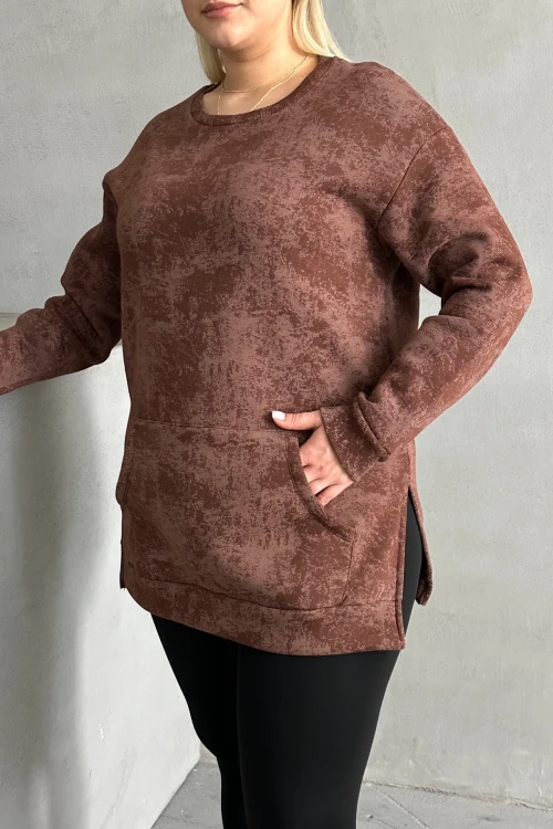 Büyük Beden Uzun Kollu Bisiklet Yaka Önü Cepli Desenli Sweatshirt 106-79