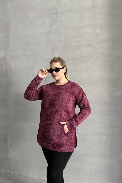 Büyük Beden Uzun Kollu Bisiklet Yaka Önü Cepli Desenli Sweatshirt 106-78