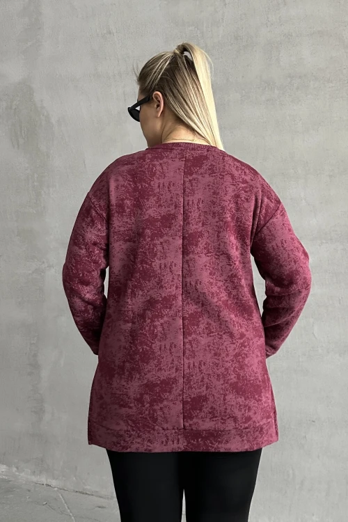 Büyük Beden Uzun Kollu Bisiklet Yaka Önü Cepli Desenli Sweatshirt 106-78