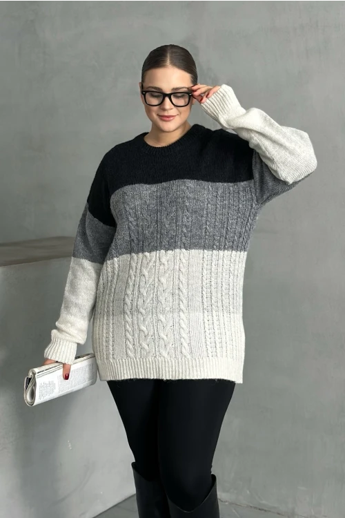 Büyük Beden Uzun Kollu Bisiklet Yaka Renk Bloklu Triko Kazak DG-04