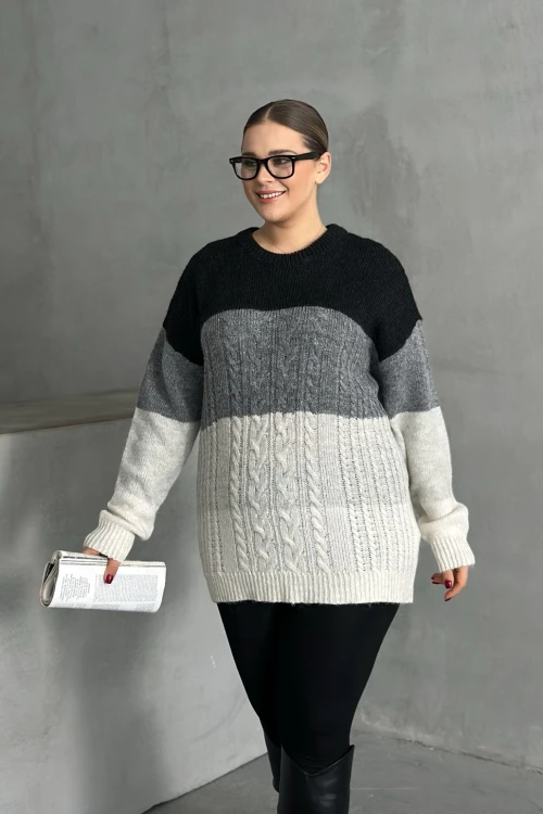 Büyük Beden Uzun Kollu Bisiklet Yaka Renk Bloklu Triko Kazak DG-04