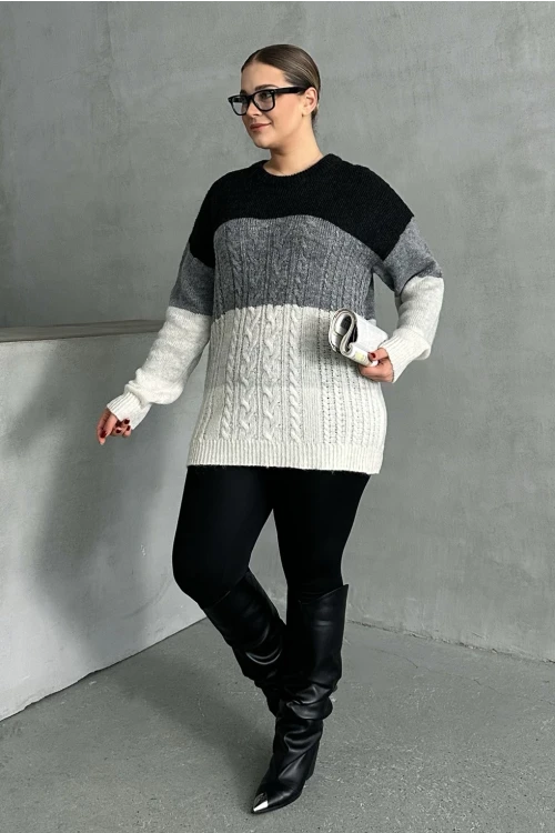 Büyük Beden Uzun Kollu Bisiklet Yaka Renk Bloklu Triko Kazak DG-04