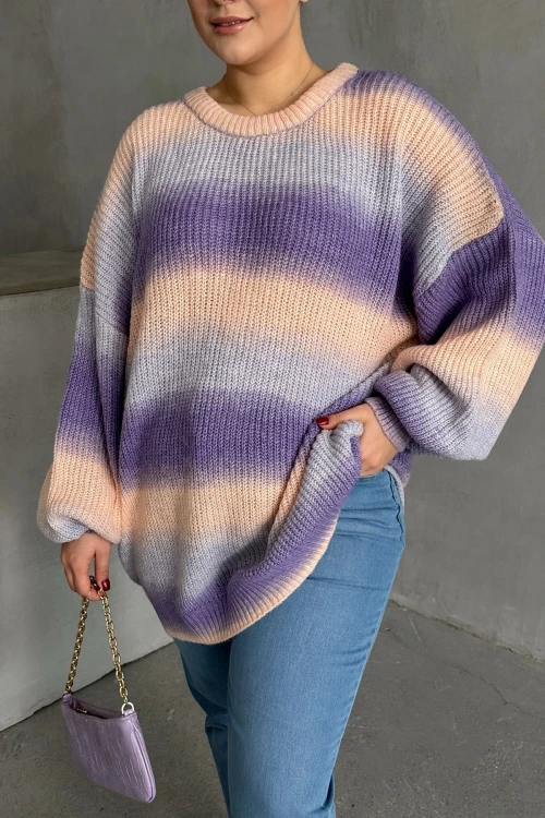 Büyük Beden Uzun Kollu Bisiklet Yaka Renk Bloklu Triko Kazak DG-06