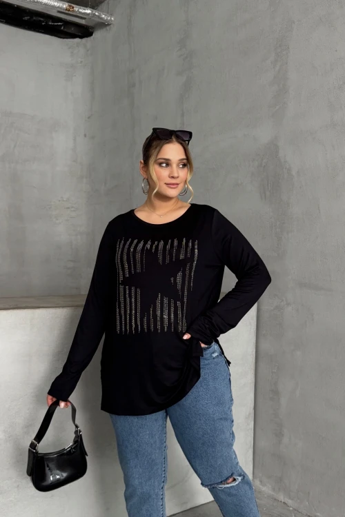 Büyük Beden Uzun Kollu Bisiklet Yaka Taş İşlemeli İnce Bluz 173716