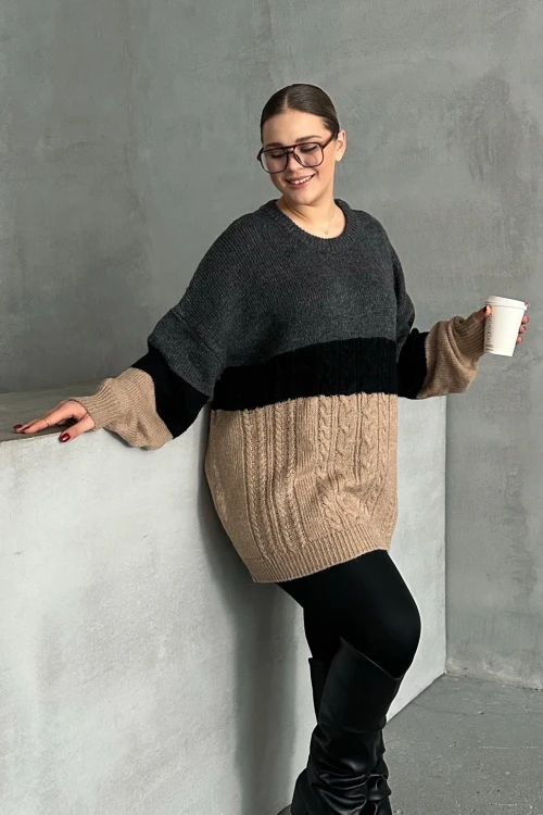 Büyük Beden Uzun Kollu Bisiklet Yaka Triko Kazak DG-05