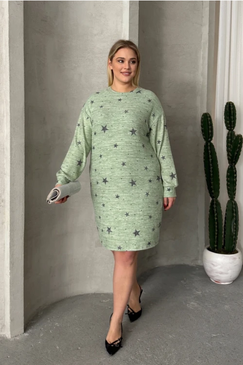 Büyük Beden Uzun Kollu Bisiklet Yaka Yıldız Desenli Esnek Elbise 84-158