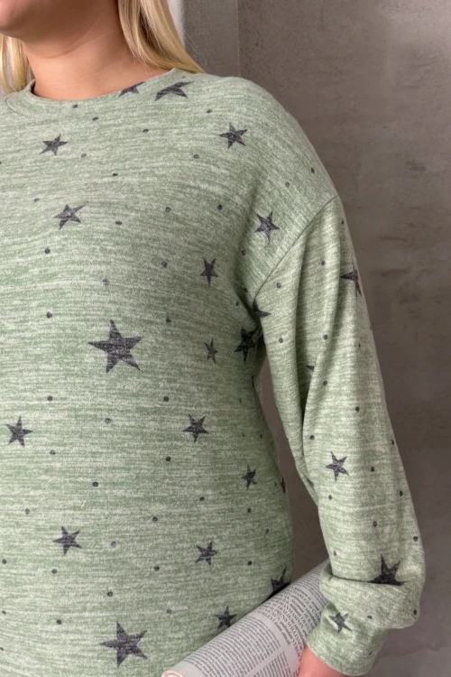 Büyük Beden Uzun Kollu Bisiklet Yaka Yıldız Desenli Esnek Elbise 84-158