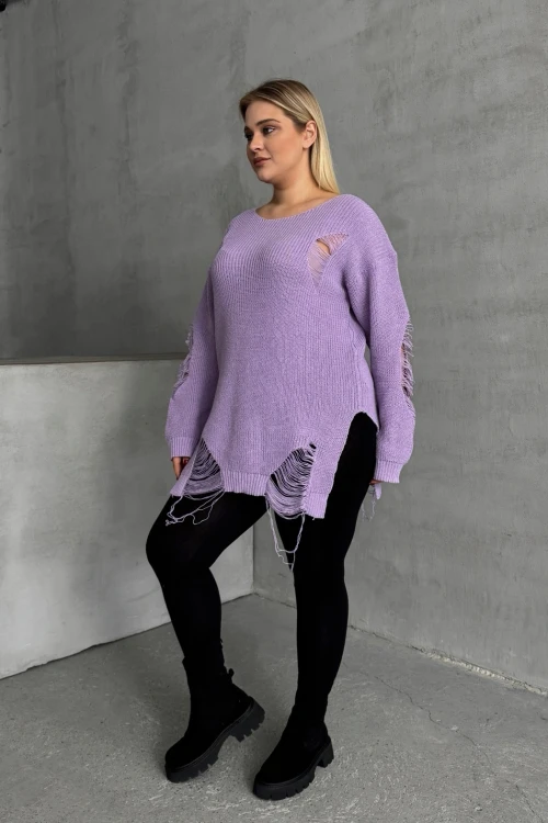 Büyük Beden Uzun Kollu Bisiklet Yaka Yırtık Detaylı Triko Kazak T-3