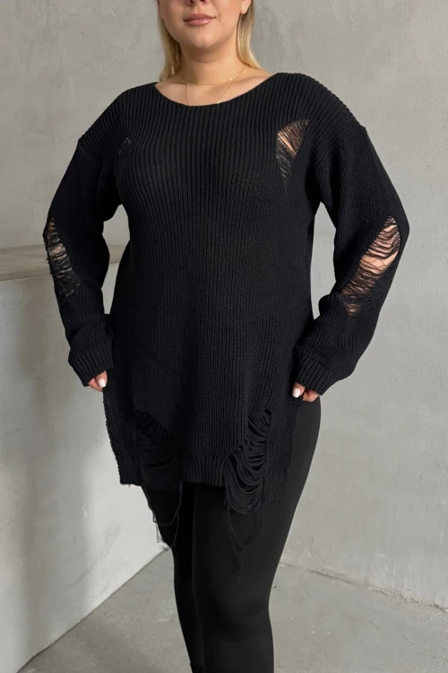 Büyük Beden Uzun Kollu Bisiklet Yaka Yırtık Detaylı Triko Kazak 303582