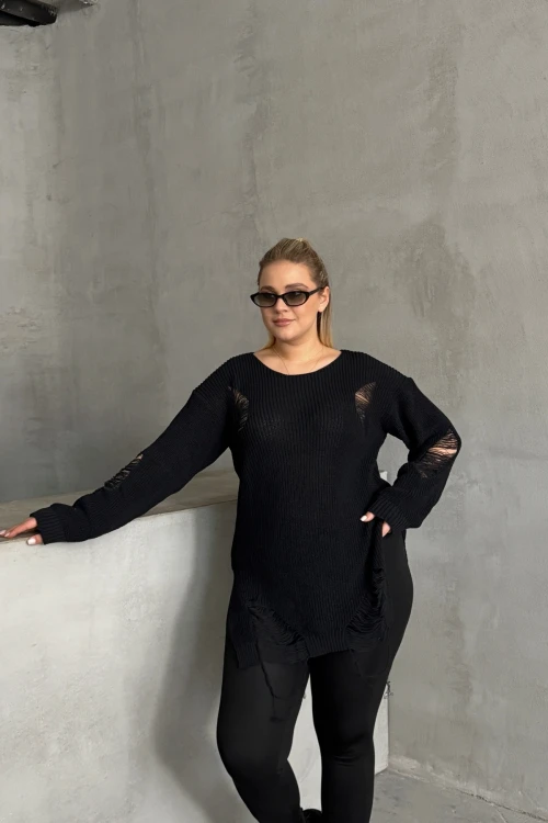 Büyük Beden Uzun Kollu Bisiklet Yaka Yırtık Detaylı Triko Kazak 303582