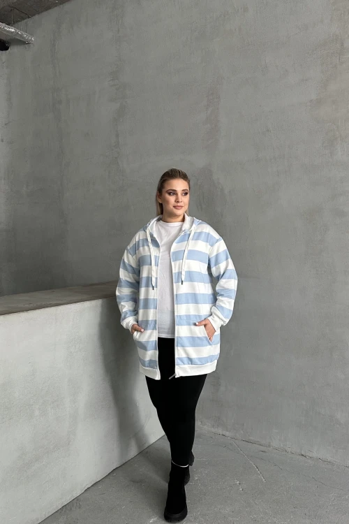 Büyük Beden Uzun Kollu Kapüşonlu Cepli Fermuarlı Hırka 74-104