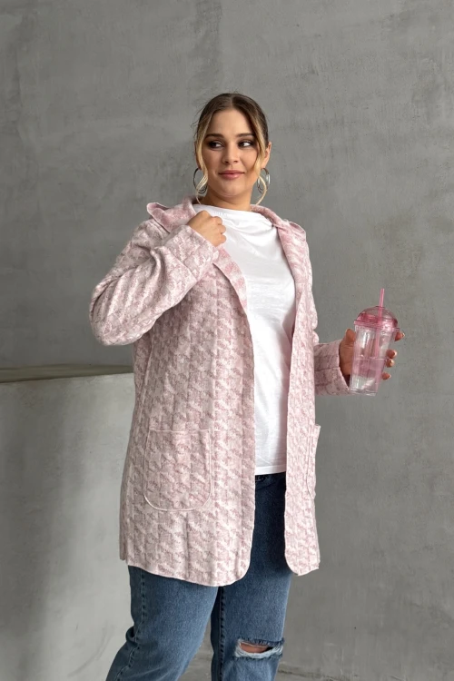 Büyük Beden Uzun Kollu Kapüşonlu Cepli Önü Kapamasız İnce Hırka 301794