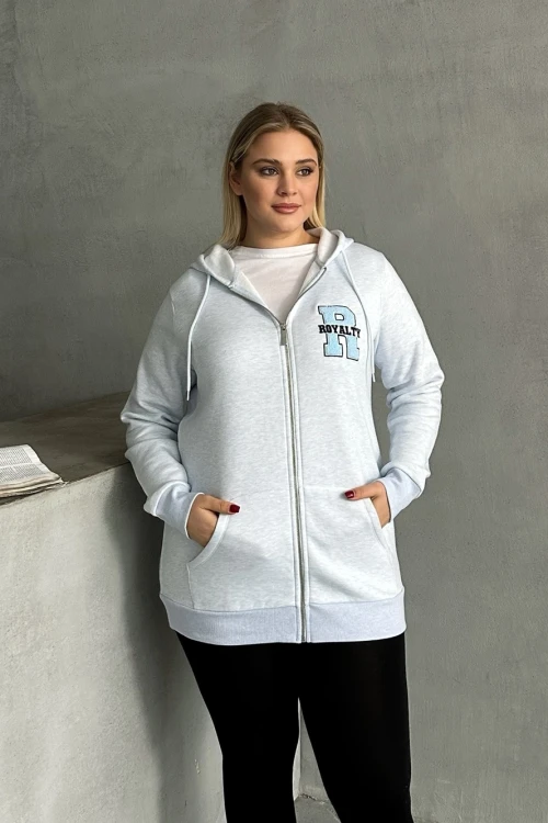 Büyük Beden Uzun Kollu Kapüşonlu Fermuarlı Cepli Yumuşak Hırka 302571