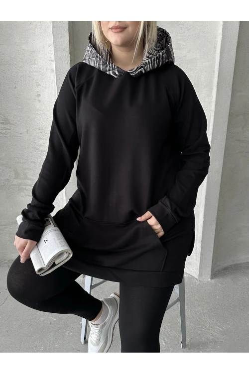 Büyük Beden Uzun Kollu Kapüşonlu Kanguru Cepli Yanları Yırtmaçlı Sweatshirt 300372