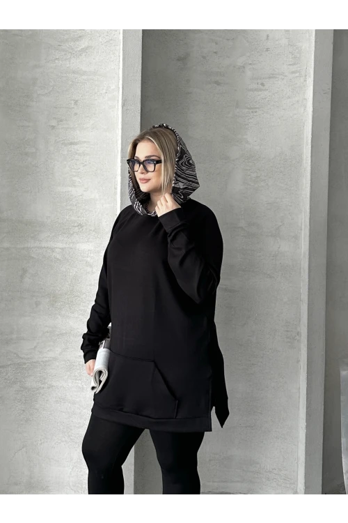 Büyük Beden Uzun Kollu Kapüşonlu Kanguru Cepli Yanları Yırtmaçlı Sweatshirt 300372
