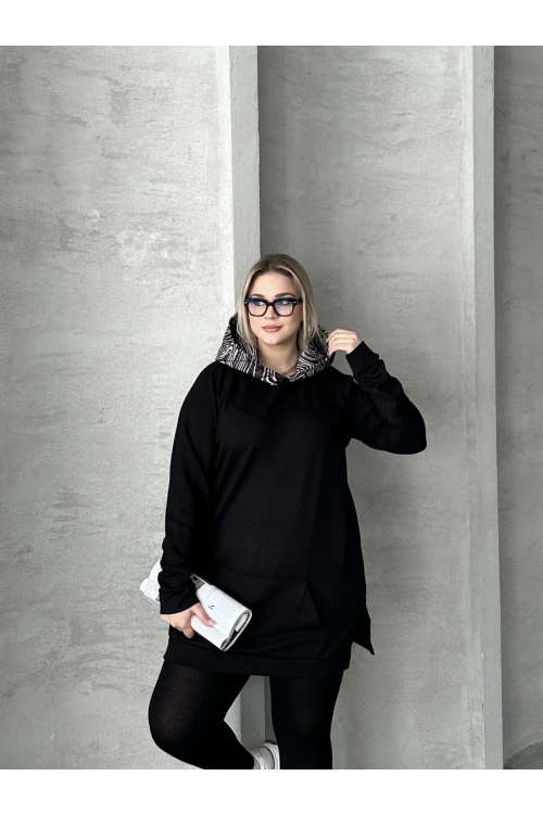 Büyük Beden Uzun Kollu Kapüşonlu Kanguru Cepli Yanları Yırtmaçlı Sweatshirt 300372