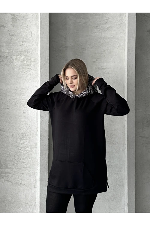 Büyük Beden Uzun Kollu Kapüşonlu Kanguru Cepli Yanları Yırtmaçlı Sweatshirt 300372